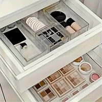 Stackable and adjustable multi drawer storage box set, perfect for storing cosmetics, office supplies, and desktop essentials. I 4
