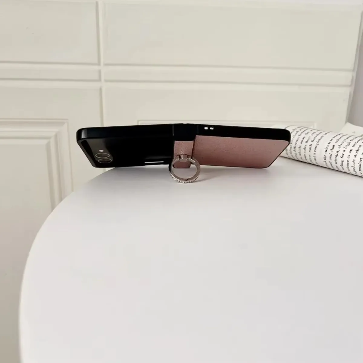 PU Leather Lychee Pattern Phone Case with Ring Holder and Hinge Protection
