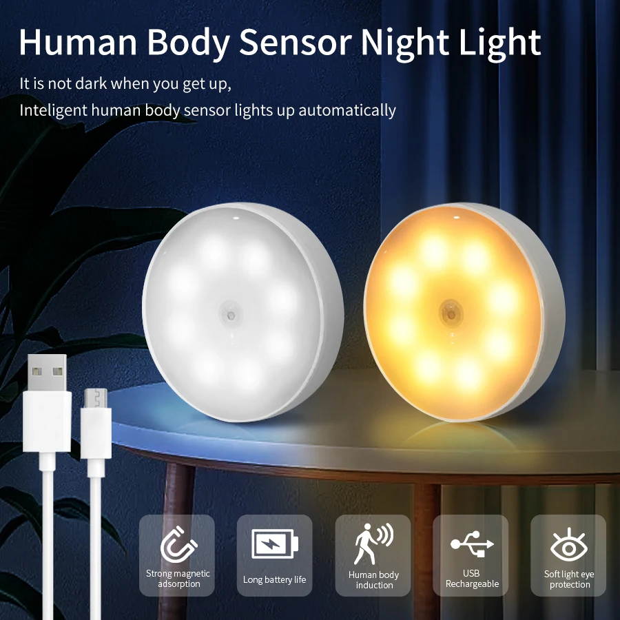 Luz Nocturna Con Sensor De Movimiento De 3 Piezas, 6 Luces LED Adhesivas  Con Sensor De Movimiento, Luces Nocturnas Con Pilas Para Interiores  Auto/Ence