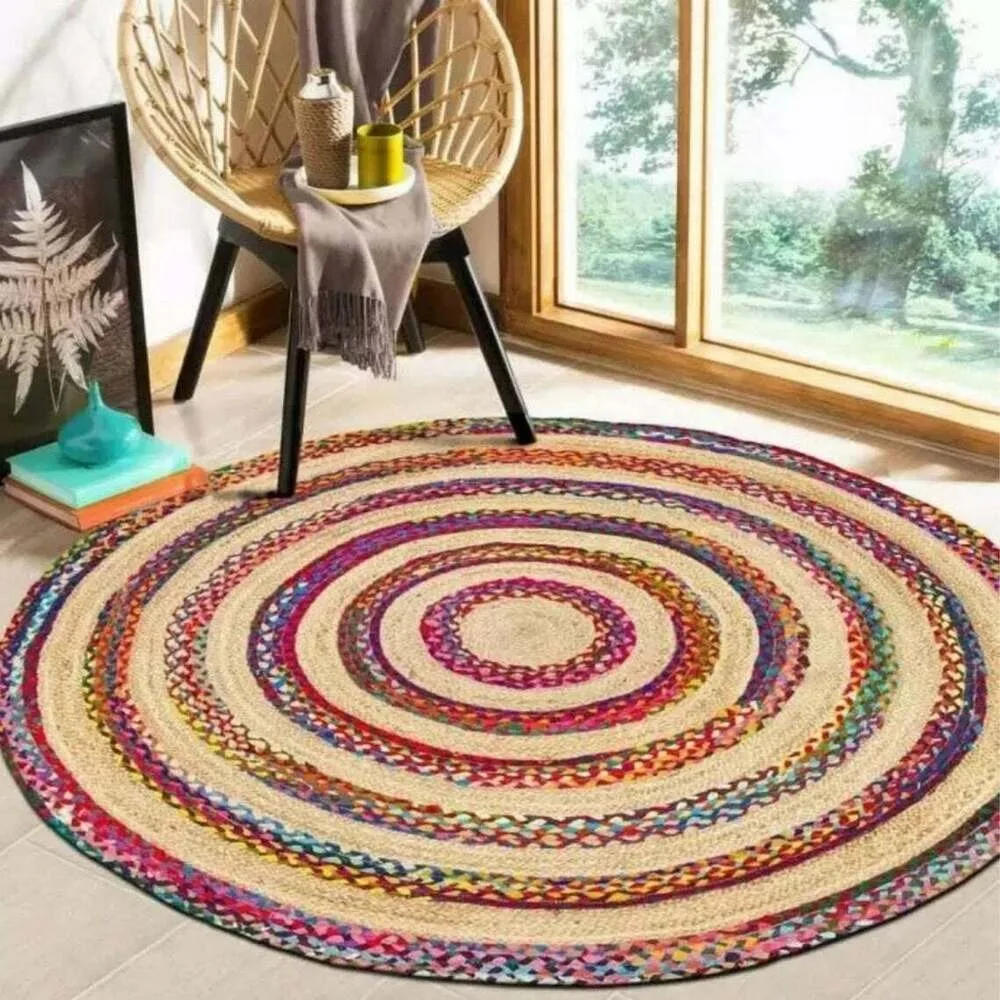 

Rug Natural Jute Cotton Carpet Colorful Stripes Braided Living Room Hallway Floor Mat Rustic Modern Bedroom Area Rug Home Decor