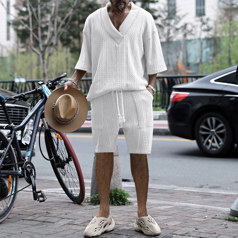 New Summer Men's Set Loose Casual Sports Suit High-quality Cotton Jacquard V-neck Short-sleeved Shorts Two-piece Men's Clothing