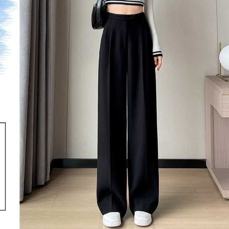 Women's 2023 Autumn and Winter New Korean High Rise Straight Zipper Solid Color Ruched Thick Loose Fitting Casual Wide Leg Pants