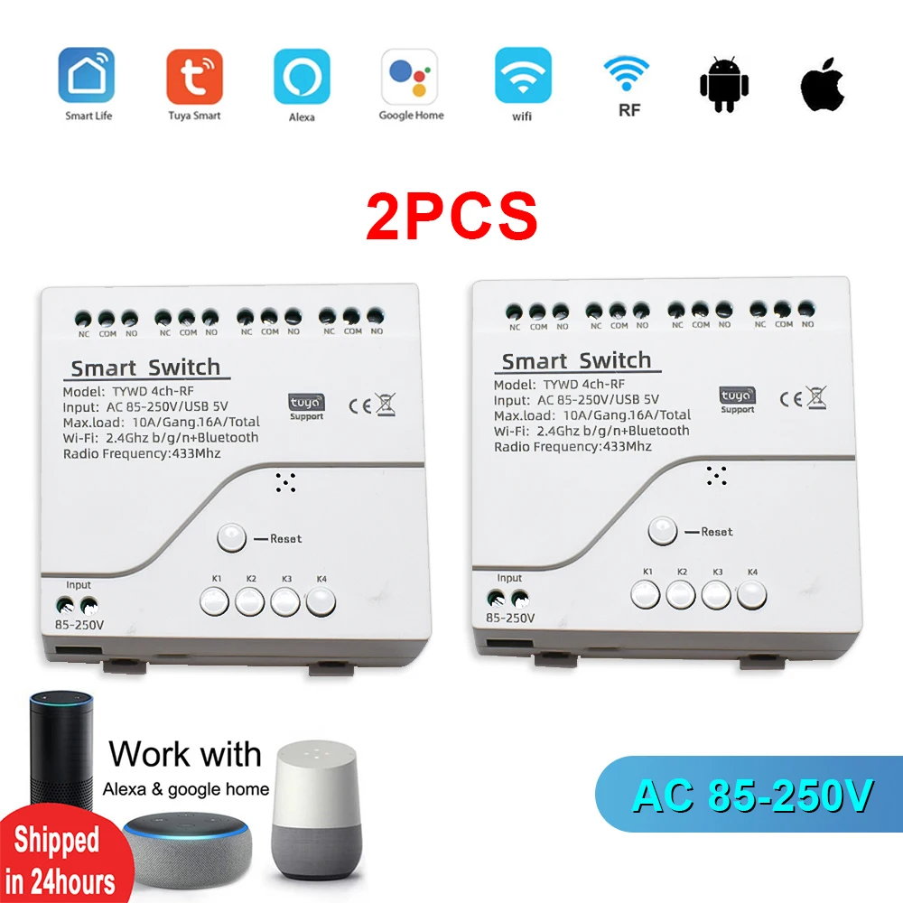 

2PCS Tuya 4CH Wifi Switch Smart Home Wireless Switch Alexa Google Home AC 85-250V 16A Timer Voice Control DIY Automation Module