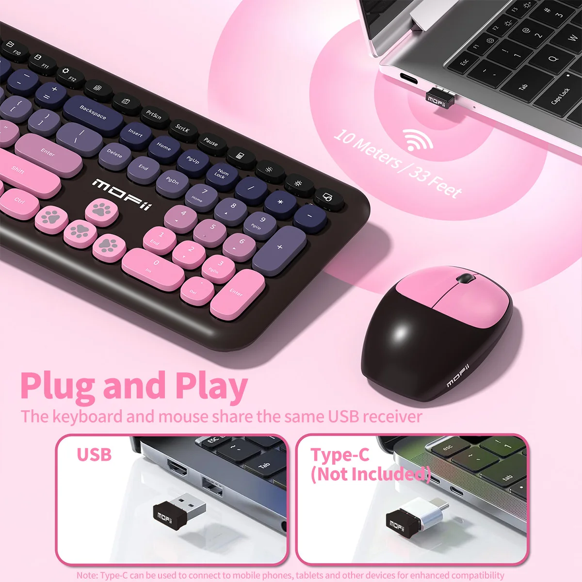 MOFii 1세트 668 무선 키보드 마우스 콤보, 그라데이션 키캡 풀사이즈 키보드 (여성용), 2.4G 플러그 앤 플레이, US QWERTY
