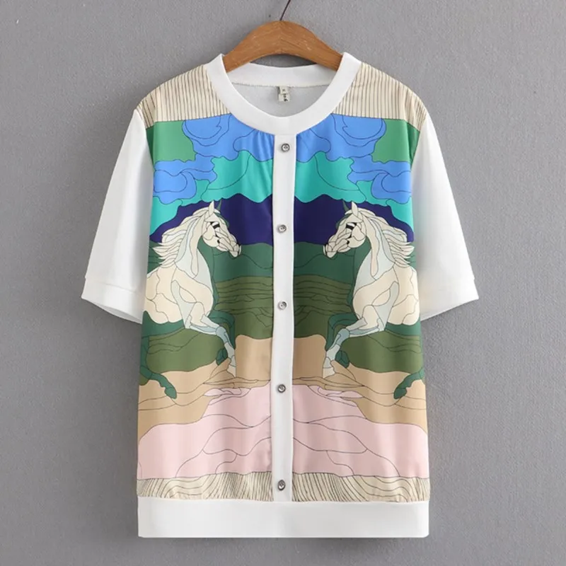 

Plus Size Women T-Shirt 2023 Summer Short Sleeve White Horse Print Ice Knitted Tops Loose Tees Oversized Curve Clothes A34-278