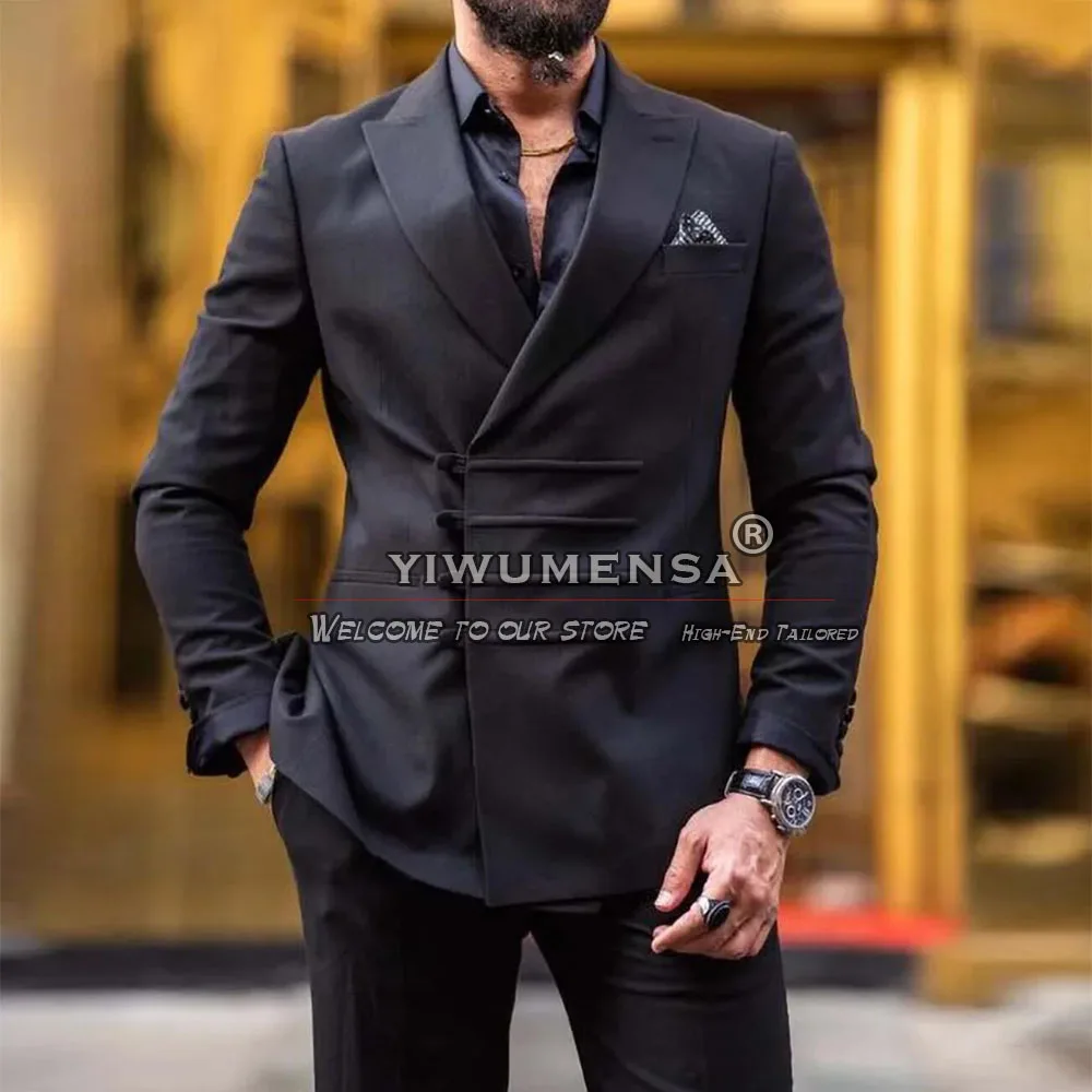 

Double Breasted Suits Men Latest Design Black Jacket Pants 2 Pieces Groom Wear Business Wedding Tuxedos Custom Made Male Clothes