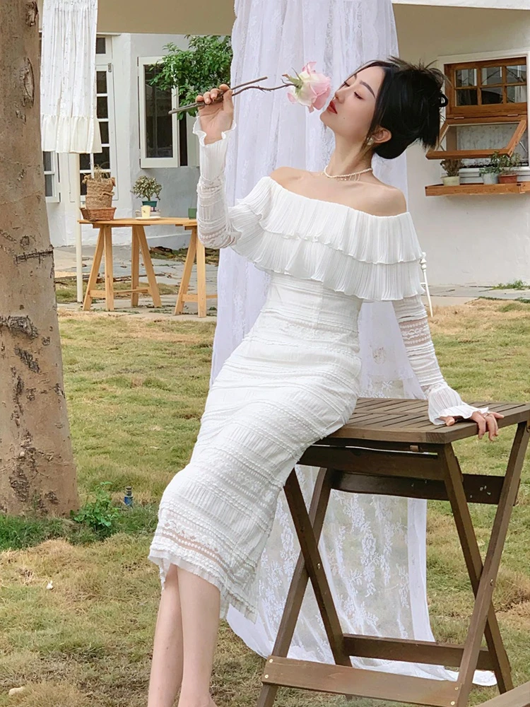 White Elegant Vintage Midi Dress Women Ruffles Sexy Beach