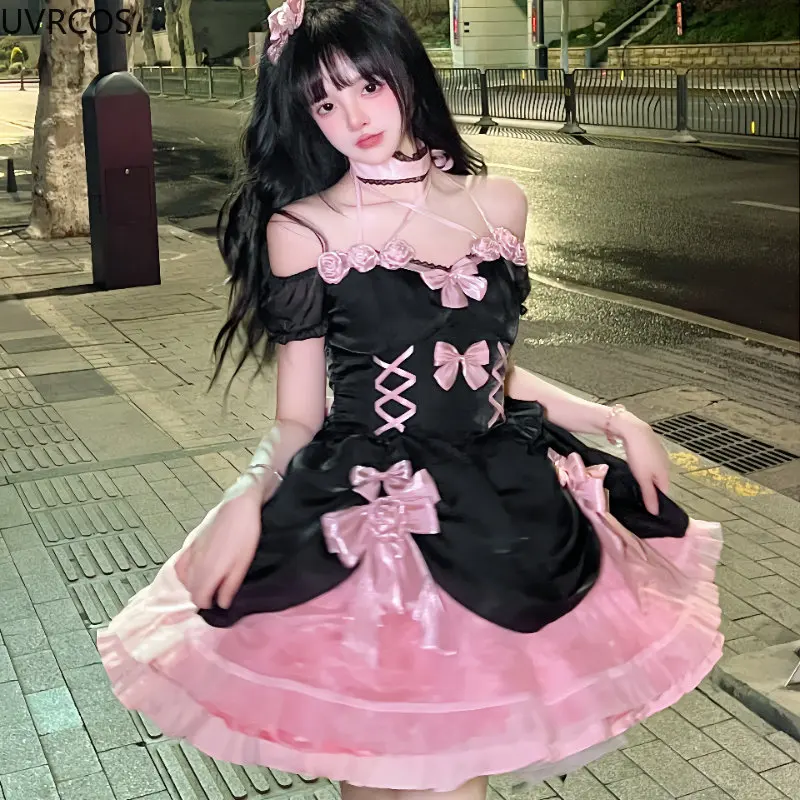 Japanese Gothic Lolita Dress Women Kawaii Bow Bear Lace Pink Black Off Shoulder Princess Dresses Girls Sweet Halloween Costume lolita dress lolita suspender dress lolita cosplay costumes