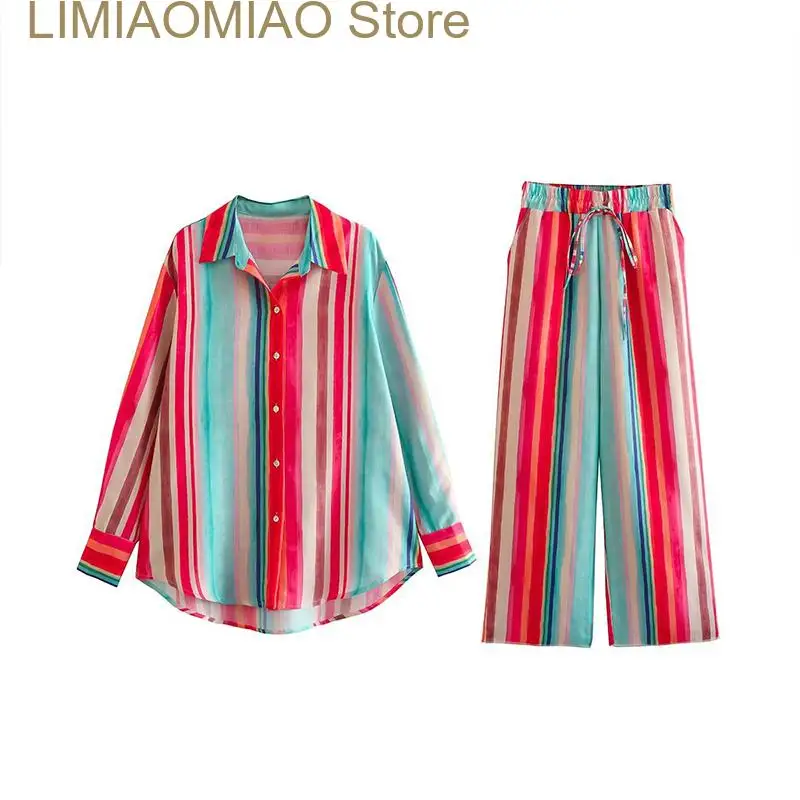 New Women Stripe Shirt Pant Female Summer Turn-Down Collar  Single Breasted Long Sleeve Top Ladies Drawstring Wide Leg Trouser