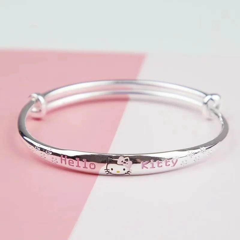 

Sanrio Bracelet Kawaii Hello Kitty Flower Push Pull Silver Plated Bracelet Student Children's Festival Gift