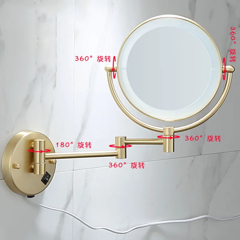 Brushed Gold LED Bathroom Mirrors Quality Brass Folding Magnifying Hotel Bathroom Makeup Mirror LED Light Bathroom Mirrors 3