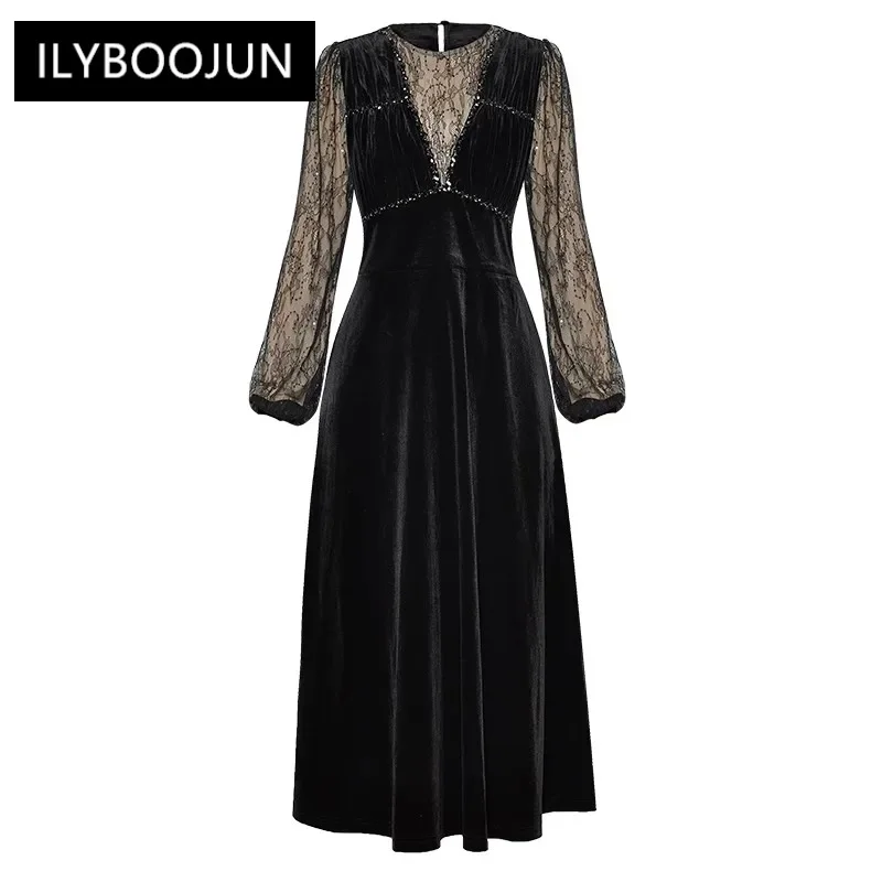 

Autumn Velvet Dress Women O-Neck Lace Lantern Sleeve Crystal Diamonds Dresses For Women 2023 Luxury Brand High Quality