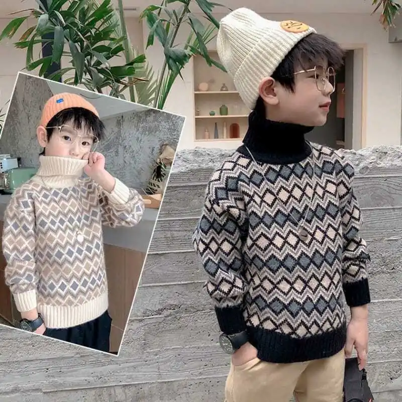 

Boys High Neck Sweater Autumn/Winter New Korean Fashion Thickened Knitted Bottom Top Children's Clothing Winter Baby Clothes 7y