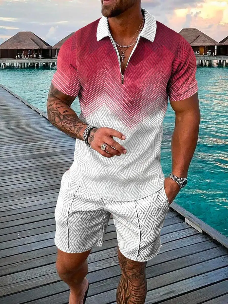 Men Zipper Collar Polo Shirt And Shorts 2pcs Sets Street T-shirt Piece Casual Sportswear Ropa Hombre 3D Vintage Man Clothing 6