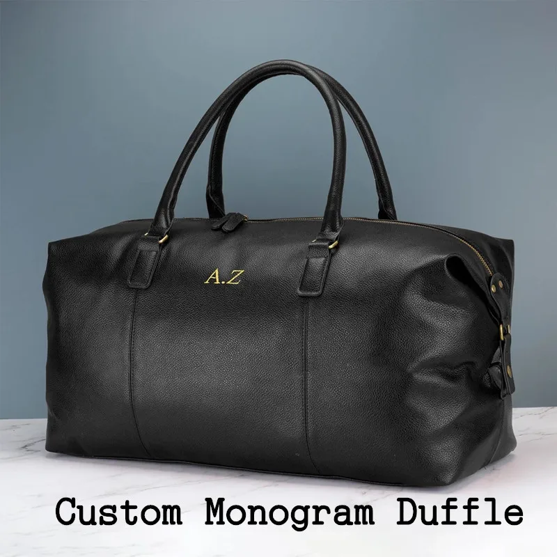 

Personalised Mens Leather Holdall Bag Black or Brown - 30 Litre Weekend Travel Bag Printing with Initials