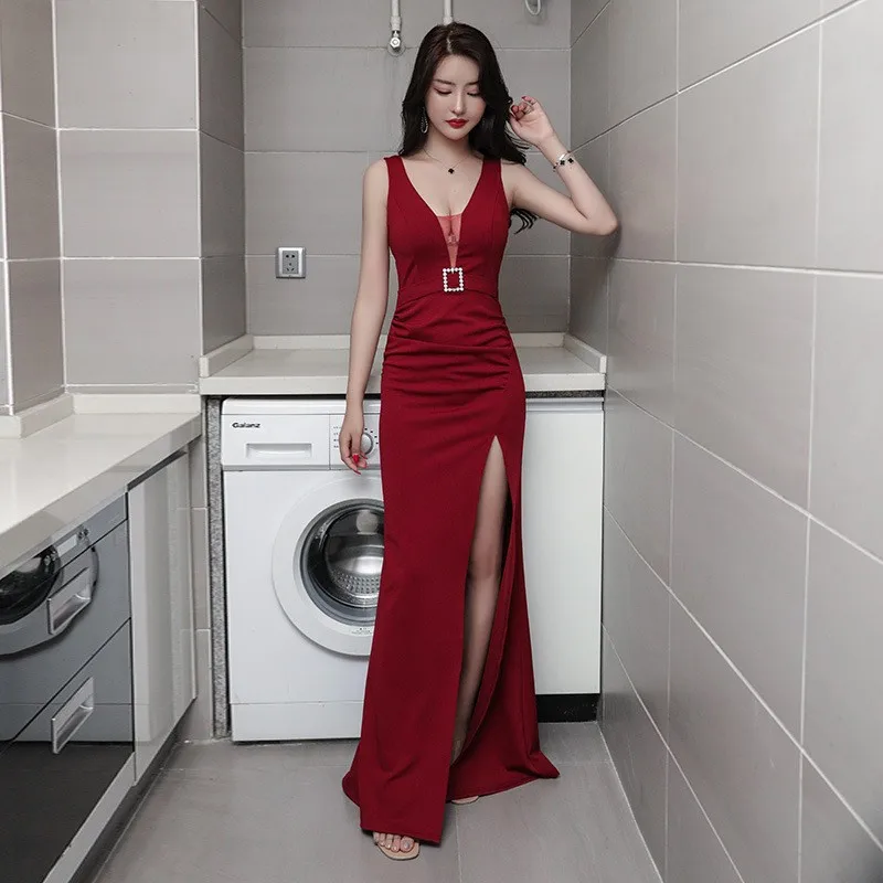 

Car Model Catwalk Temperament Split Skirt Suspender Fashion Nightclub Sexy Dresses Long Evening Dress For Women Elegant Party