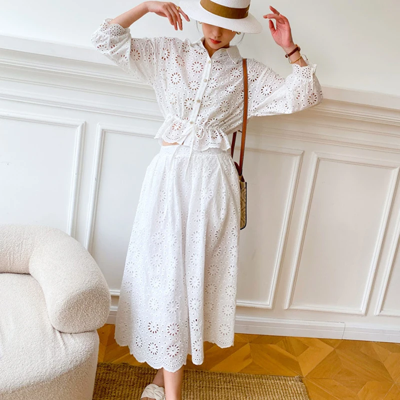

AYUALIN Boho Cotton Elastic Waist A-line Ladies Party Long Dreese Suit Vintage Floral Embroidery Lace Dress Sets for Women Robe