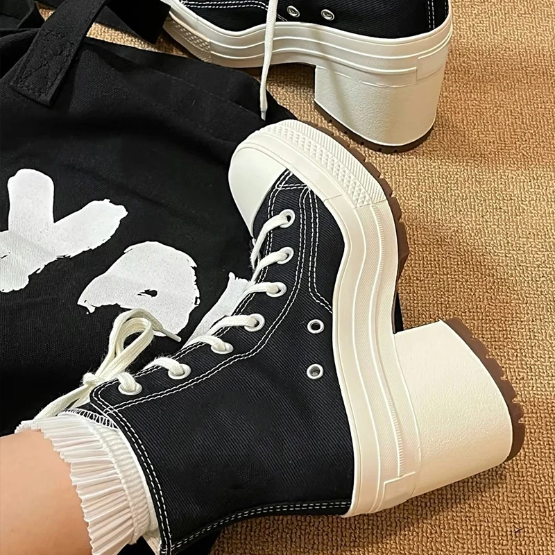 Women Canvas Shoes Lace Up Fashion High Heel Platform High Quality Ankle Boots Casual Classic Versatile Outdoor Shoes For Female