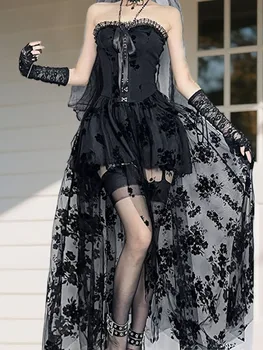Black Lace Off Shoulder Maxi Dress for Women Vintage Victorian Gothic Embroidered Sleeveless A-Line Gown with Mesh Insets 1