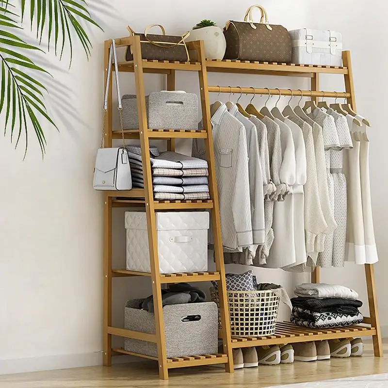 

Floor Garment Rack Home Standing Clothes Shelf with Multi Layers Wardrobe System Stand Hangers For Clothes Wall Shelf Storage