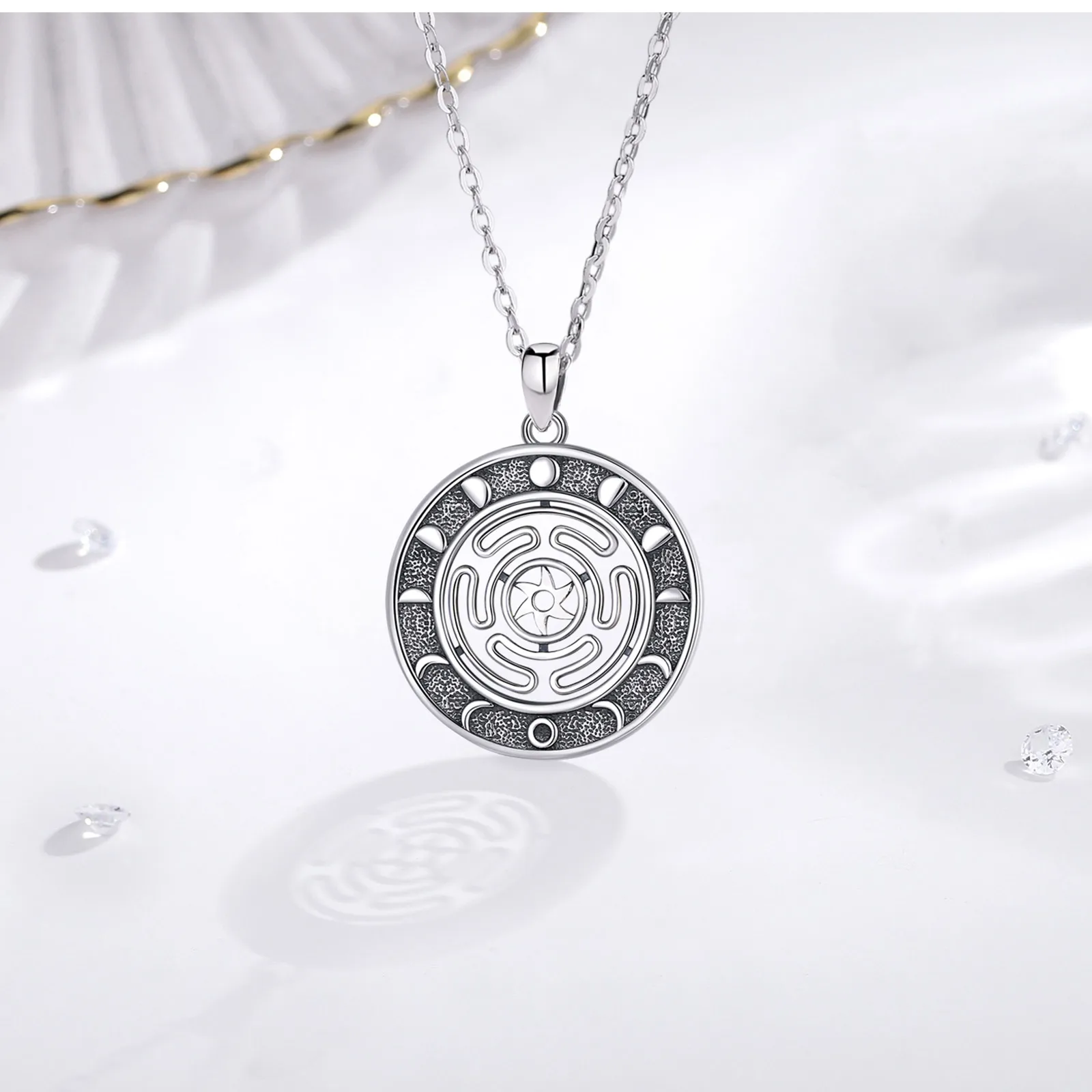 Pendant Necklace 925 Sterling Silver Hekate Wheel Vintage Moon Phases Triple Goddess Amulet