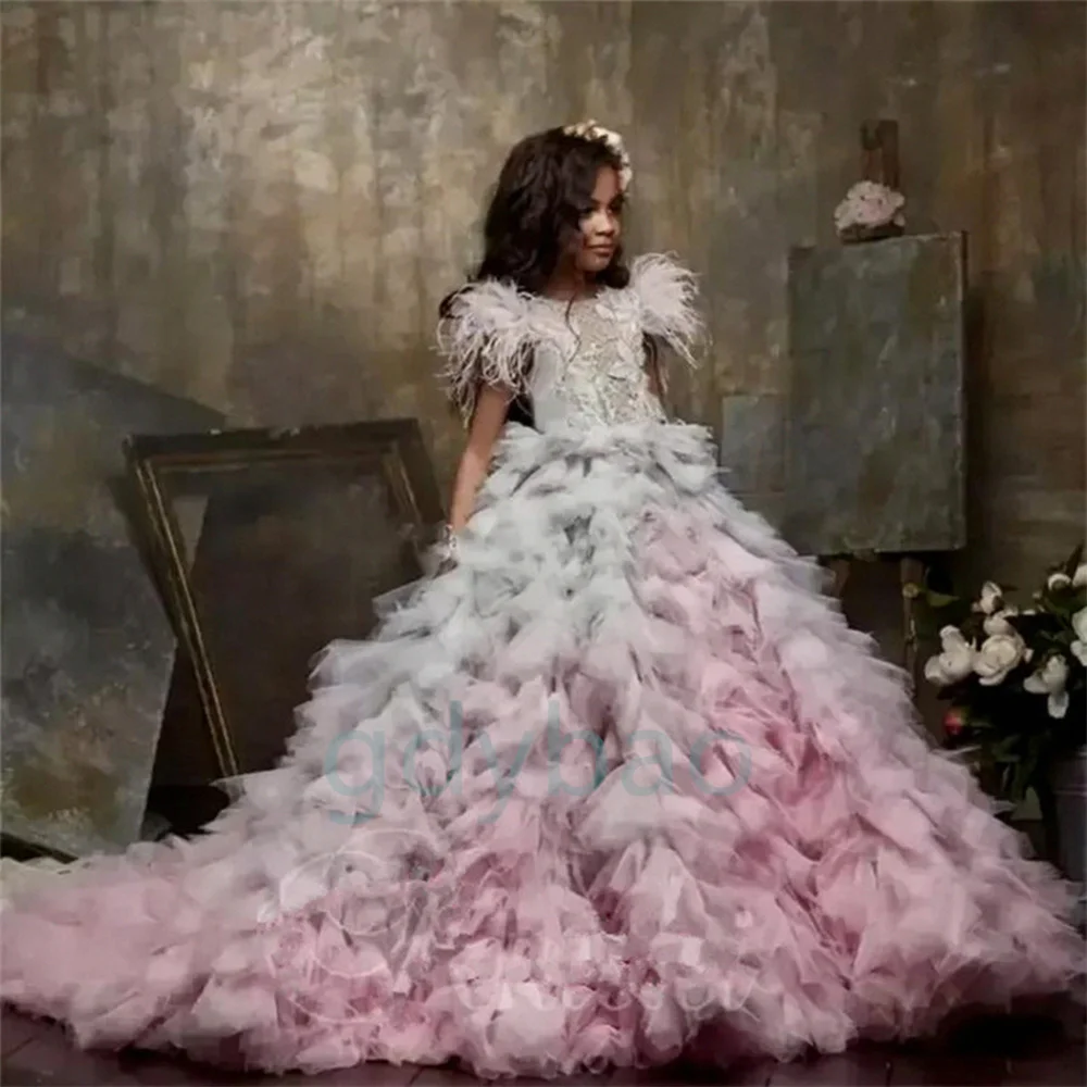 

Gorgeous Flower Girl Dresses Fluffy Tulle Cascading Pageant Birthday Party Applique Princess Gown First Holy Communion Dresses