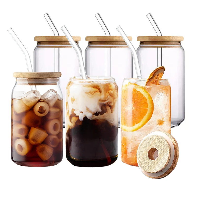 20 OZ Glass Cups with Bamboo Lids and Glass Straw - 4pcs Set Beer