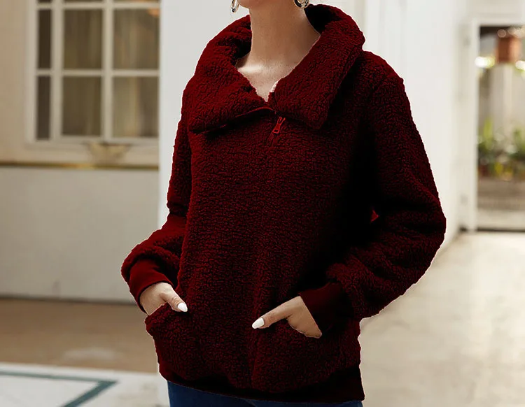 Sweatshirt for Women 2023 Autumn and Winter New Fashion High Neck Solid Color Pocket Zipper Long Sleeve Casual Blouse