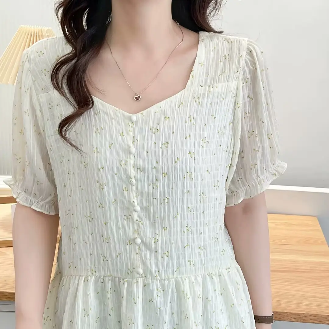 Summer Plus Size Women's Tops Fashion square-neck Floral Blouse 100kg Casual Short Sleeved Shirt 1040