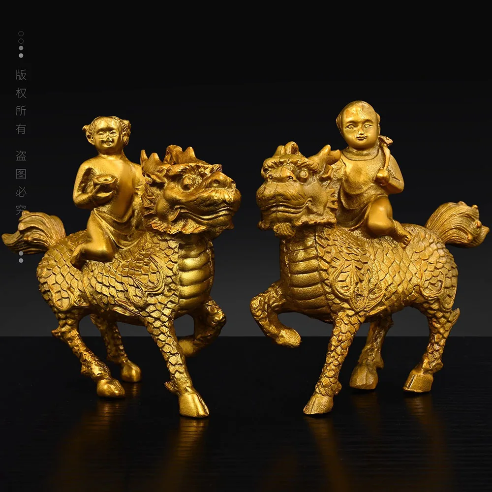 A Pair of Chinese Brass Kylin Qilin Statue, Boy & Girl Figurine with Gold Ingot & Ruyi Scepter, for Fertility Luck & Wealth
