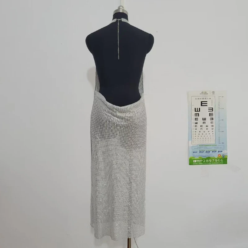 Glitzer-Kristall, lange, elegante Abendkleider für Damen, Partykleid, sexy, rückenfrei, Neckholder, glitzernd, hoch geschlitzt, langes Abendkleid – Detail 11