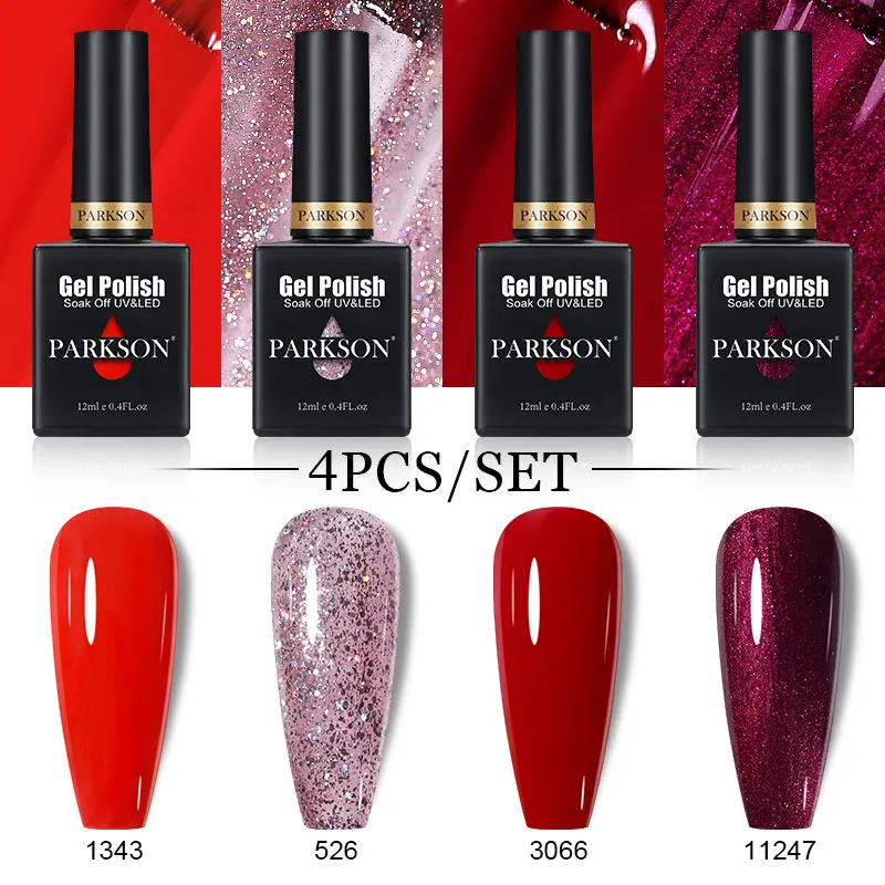 Parkson 누드 그린 젤 광택제 반투명 형광 글리터 래커, LED UV 매트 탑 코트, 베이스 코트, 바니시, 매니큐어, 4 개