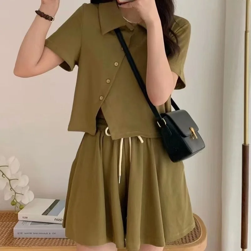 

Women's Summer Shorts Irregular Top Culottes Two Piece Sets Womens Outifits Fashion Lapel Slanted Placket Summer Suit for Women