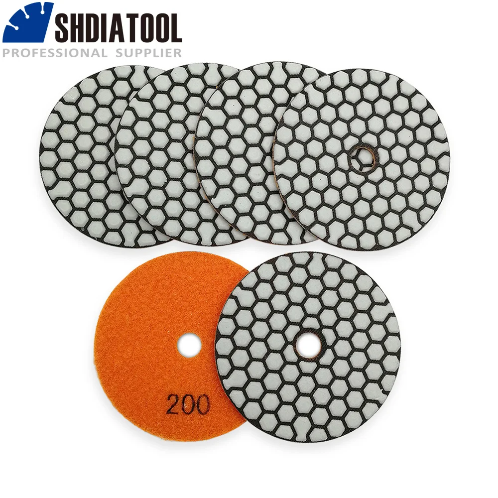 SHDIATOOL 6pcs 4/100mm #200 Dry Diamond Polishing Pads Dia 4inch Resin Bond Flexible Sanding Disc For Granite Marble Ceramic shdiatool 5pcs 1500 100mm diamond flexible wet polishing pads for granite terrazzo marble 4inch sanding discs