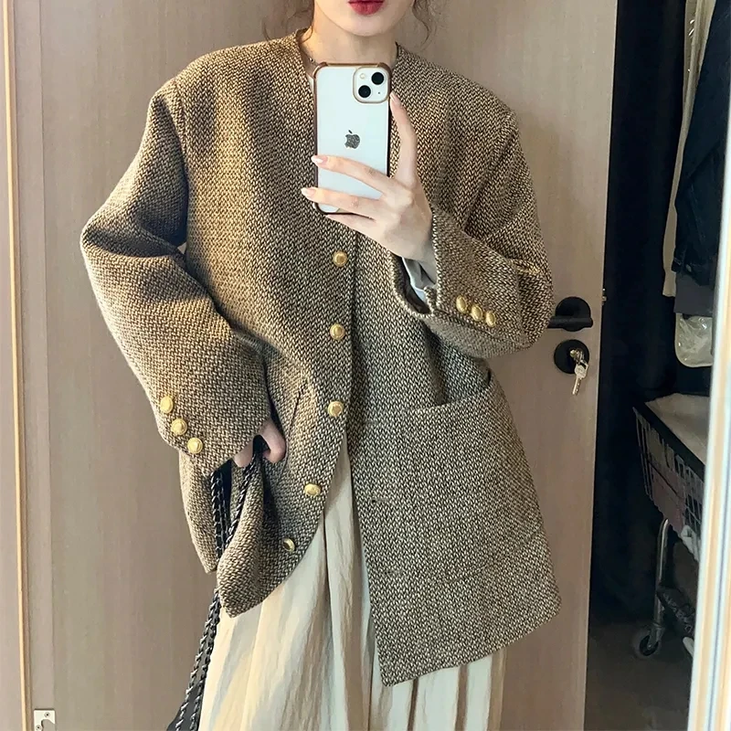 

Женское шерстяное пальто в стиле ретро, Новинка весна-осень 2023, твидовое пальто с V-образным вырезом, свободная длинная куртка с V-образным вырезом