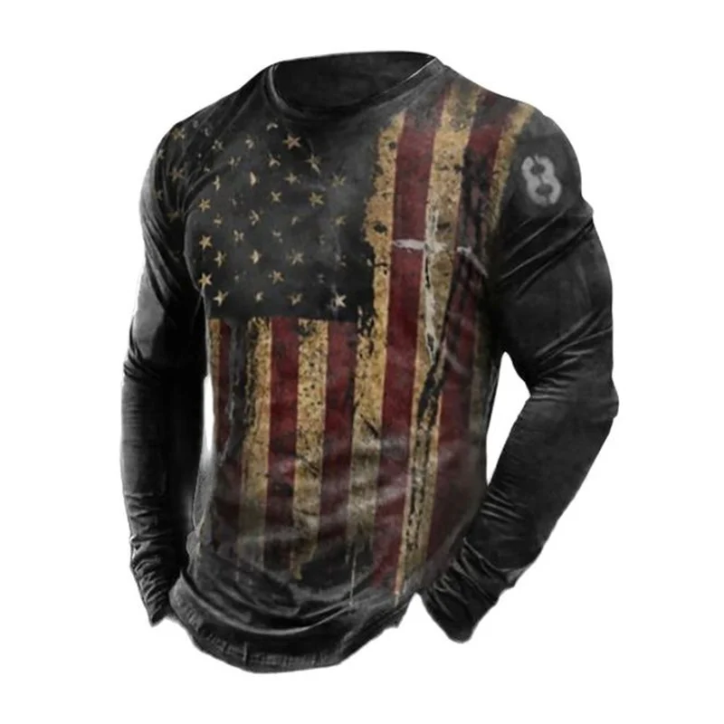 Spring Autumn Men's 3d Letter Print American Flag Long Sleeve T Shirt Street Trend O Neck 2022 Vintage Shirt Plus Size Pullover