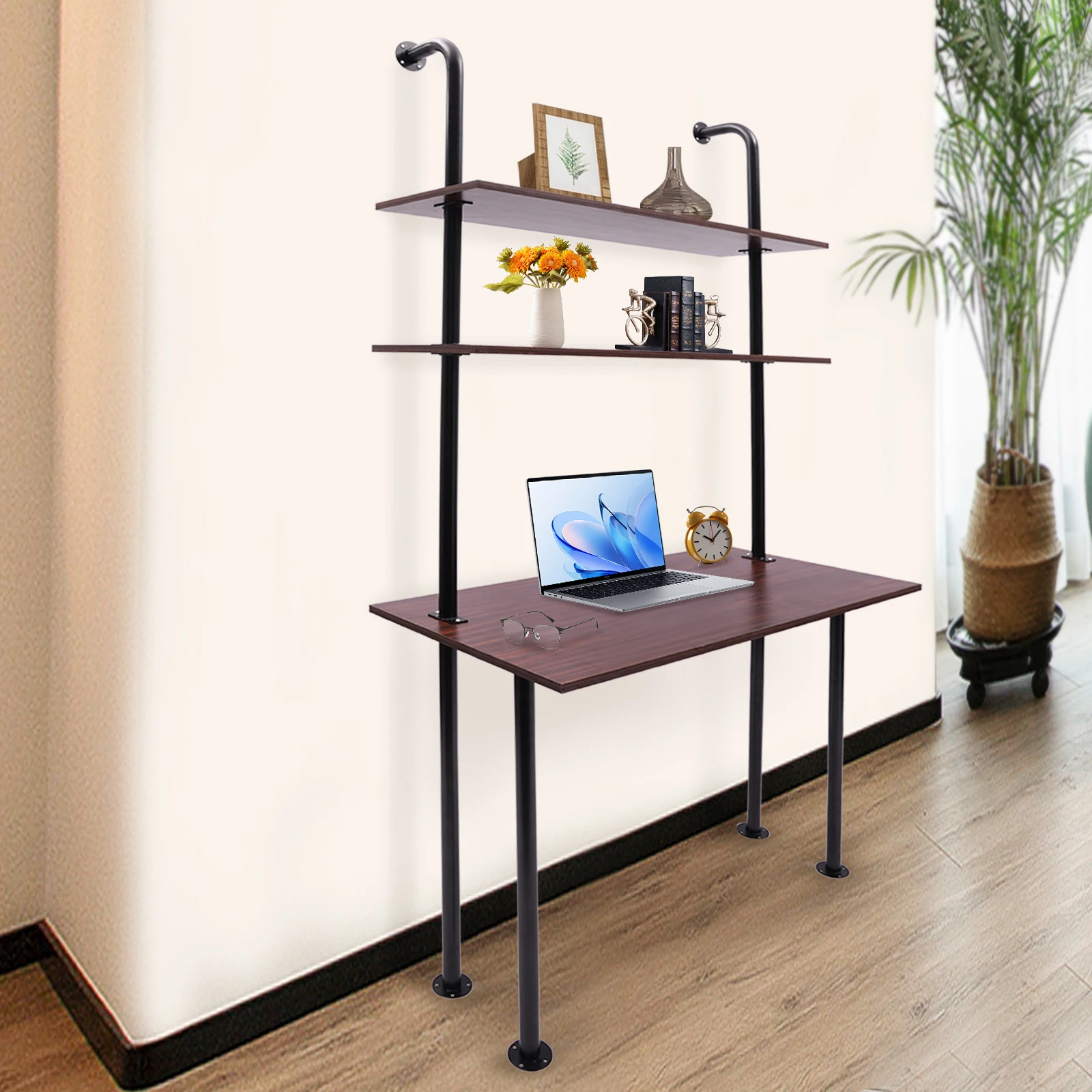 Wall Mount Desk 3 Tiers Computer Writing Table Laptop Industrial Bookcase Floating Pipe Ladder with Shelf for Home Office School 3