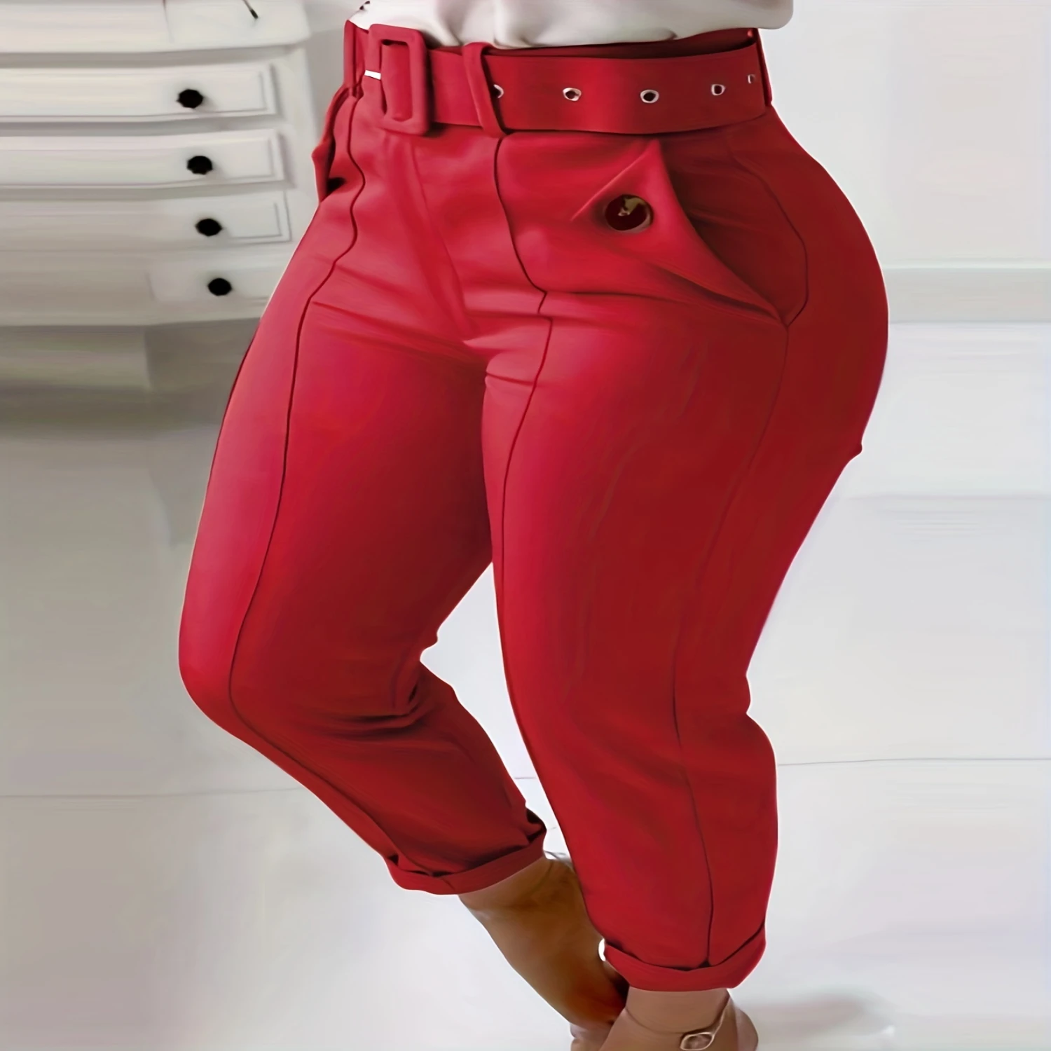 Chic Womens Belted Skinny Leggings-Comfort Fit with Sleek Slant Pockets, Versatile Casual Wear
