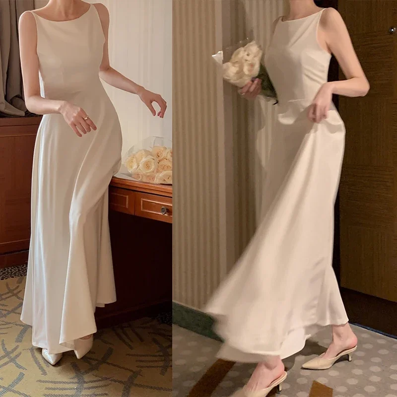 

South Korea Chic Gentle Sle Light Luxury Off-Shoulder Advanced Design Sense Sleeveless Long Versatile Dress