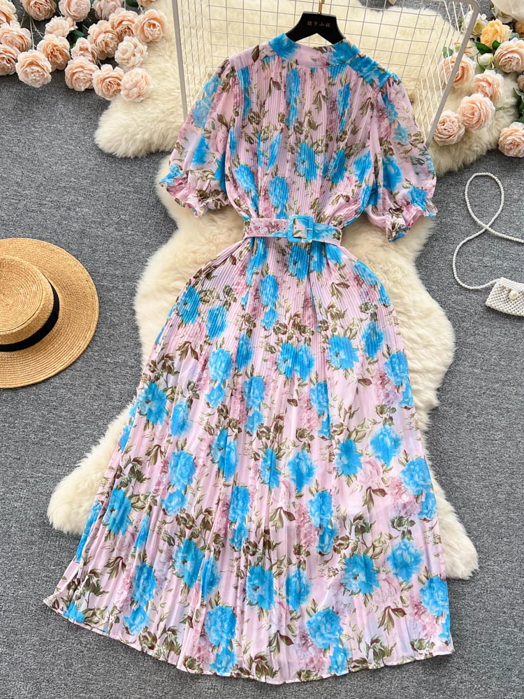 

Beach Summer Long Dress for Women Sweet Print Round Neck Short Sleeve with Belt A Line Midi Dress