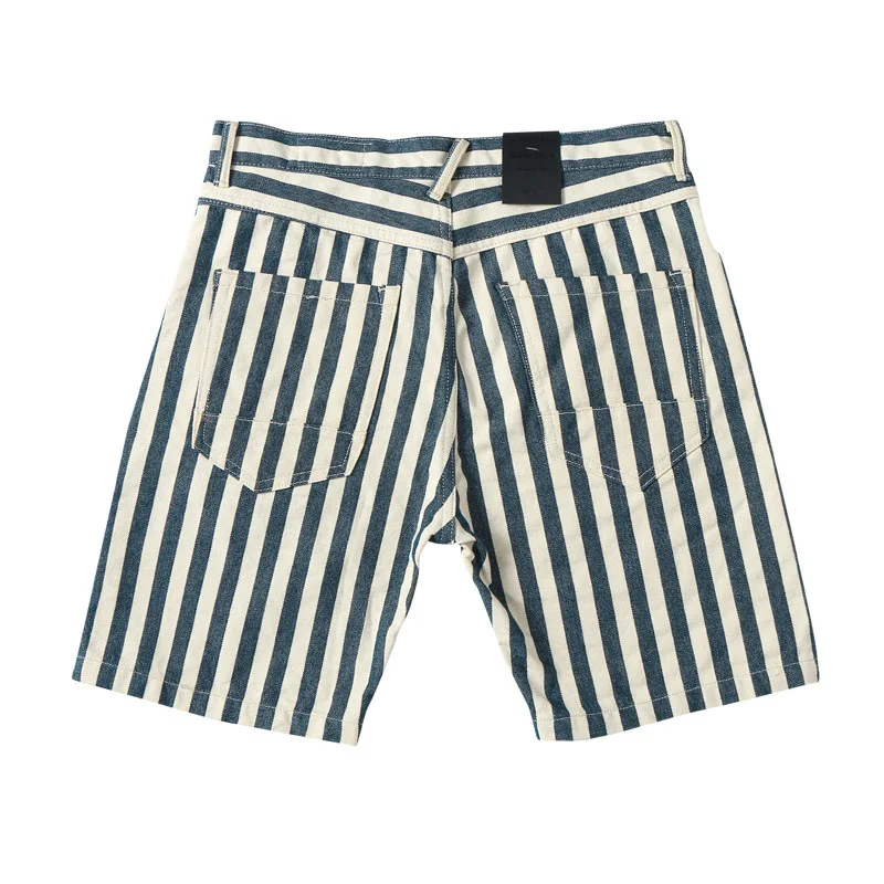 Amekaji Vertical Stripes Men's 5-Point Denim Shorts Men's Straight European And American Vintage Canvas Overalls