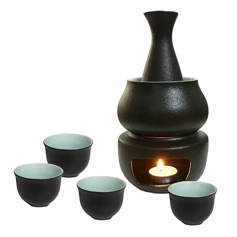 Ceramic Sake Set with Warmer Include 1pc Sake Bottle 4pc Cups 1pc Warmer Cup Candle Heating Stove ceramic sake set