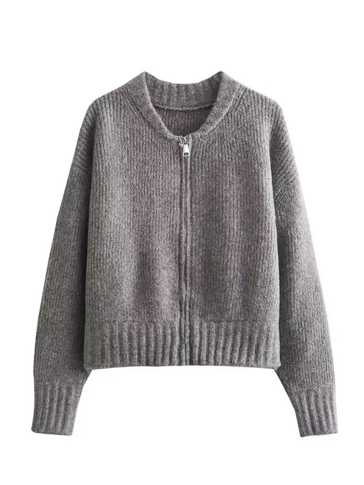 HH Women's Casual Zipper Solid Color Long Sleeve Sweater Jacket Vintage O-Neck Knitted Cardigan Autumn Winter Coat Outerwear
