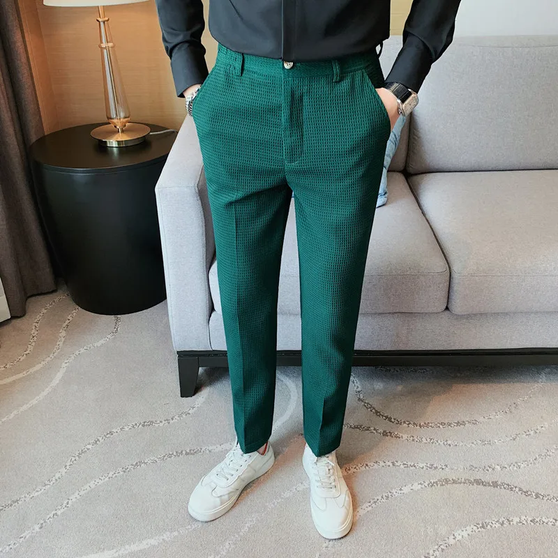 2024 Autumn New Waffle Stretch Waist Business Formal Pants Men Fashion Wedding Slim Trouser Mens Brand Social Party Suit Pants 5