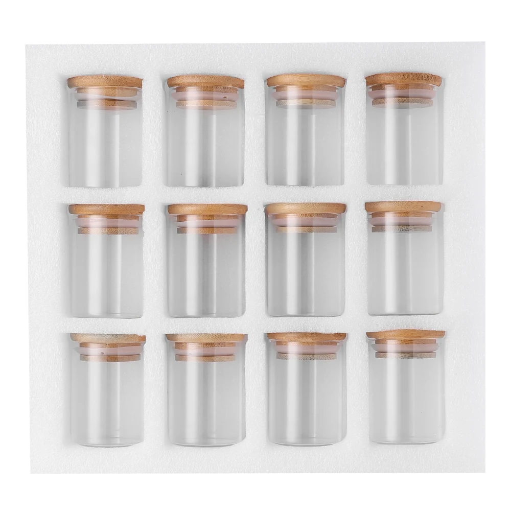 12Pcs Glass Spice Jar Set with Bamboo Lids Kitchen Storage Bottle: 3 - 5 Days Free Delivery Only UK