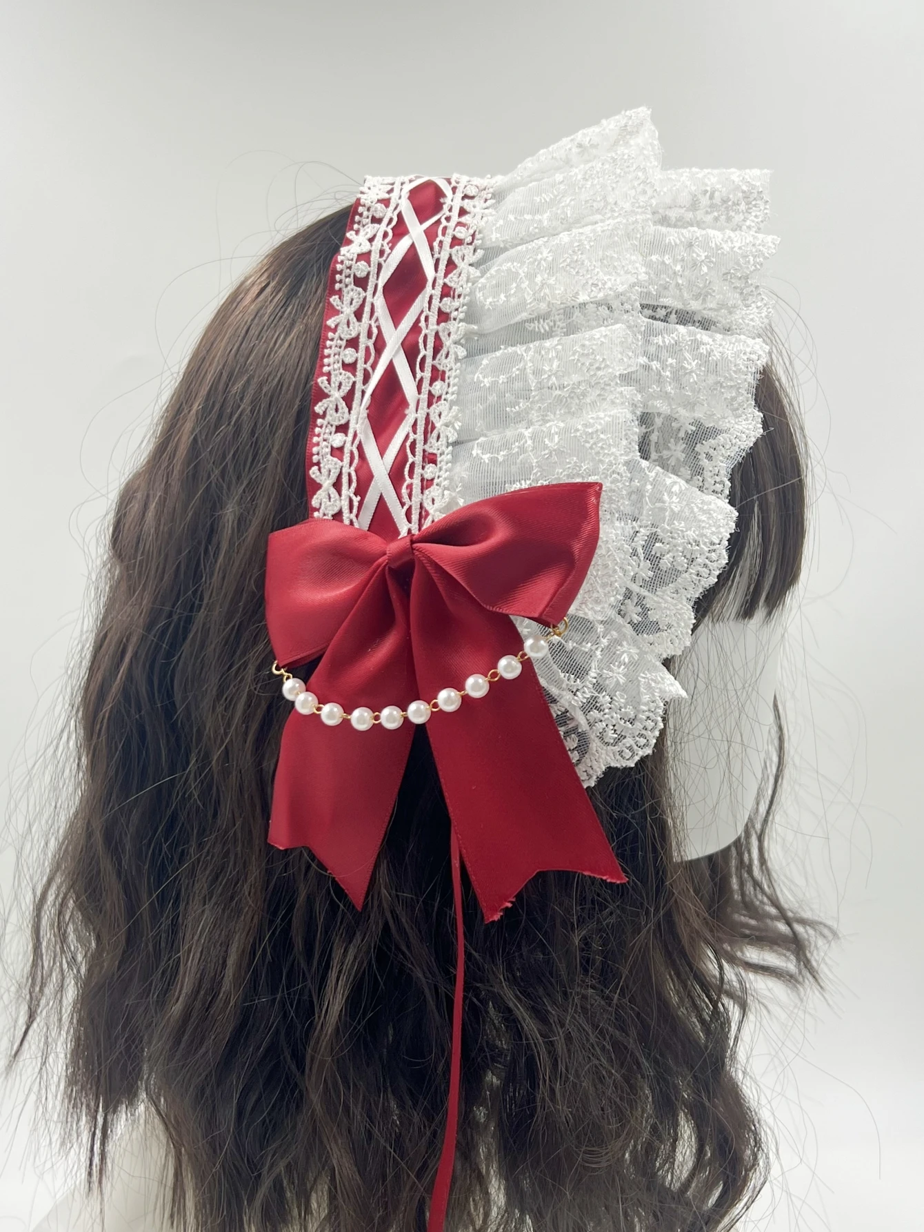Lolita Süße Frauen Stirnband Kontrast Farbe Rüschen Spitze Band Schleife Haarband Mit Haarnadeln Anime Maid Kopfschmuck – Detail 13