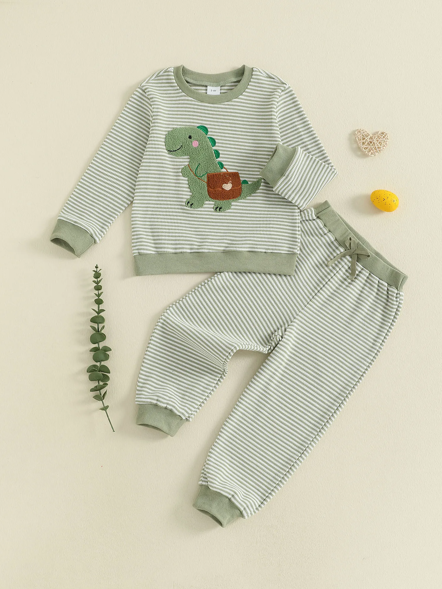Adorable Baby Boy 2 Piece Set with Stylish Long Sleeve Round Neck Dinosaur Embroidery Striped Top and Comfy Elastic Waist Pants