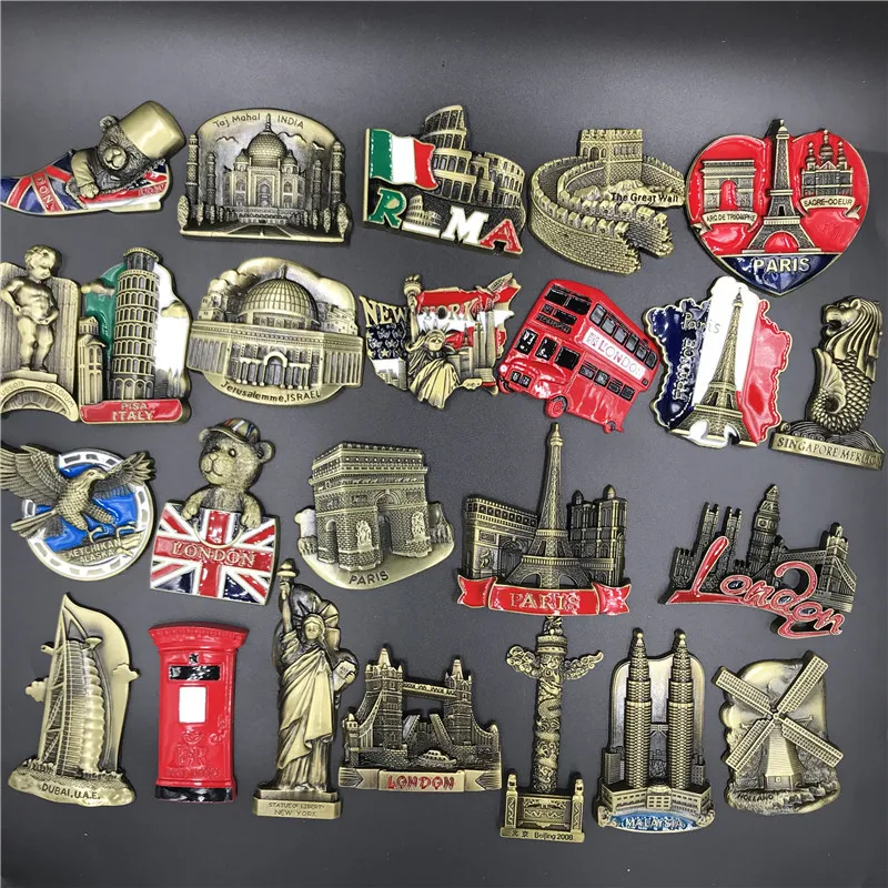 

World Country Metal Fridge Magnet Souvenir Gift USA Italy Dubai Belgium Israel London Paris Magnetic Magnets for Refrigerator