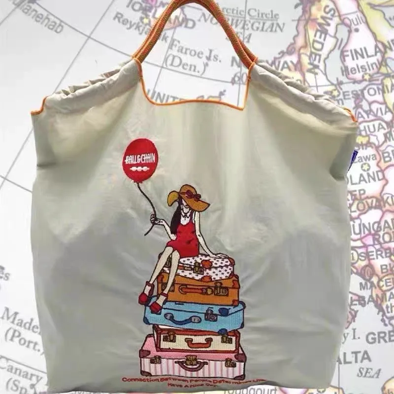 

Kawaii Embroidered Eco-Friendly Shopping Bag Anime Cute Underarm Bag Large Capacity Portable Shoulder Bag Versatile Nylon Gift