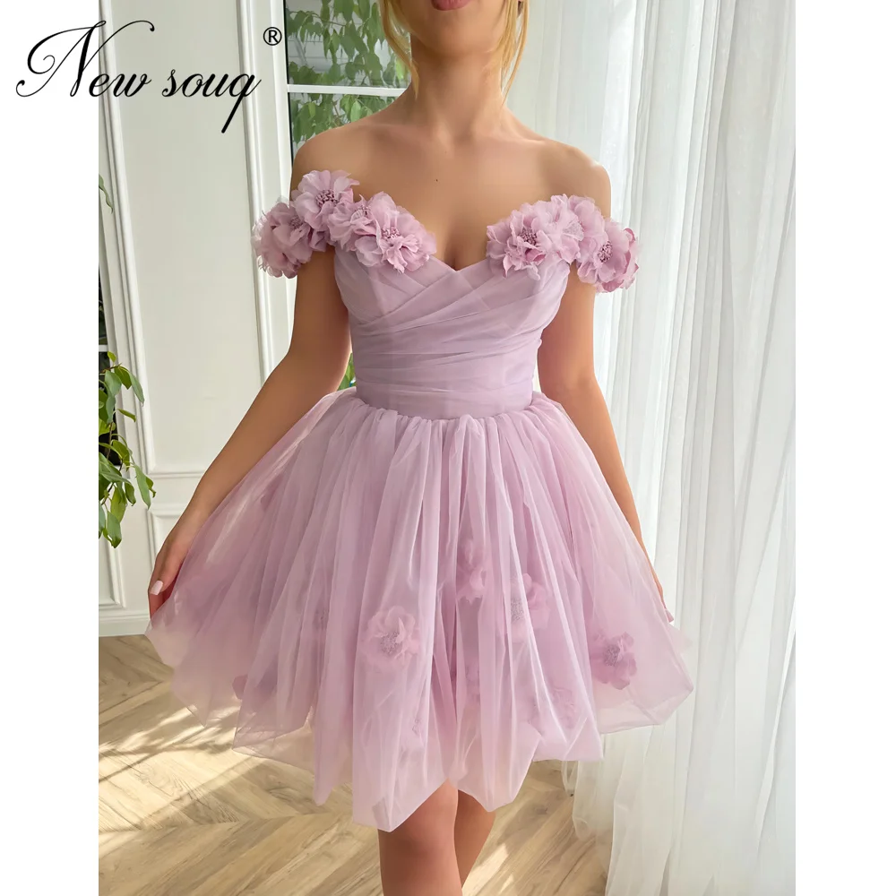 

Cheap Lilac Flower Cocktail Dresses Short Off Shoulder Tulle Women Evening Gowns 2023 Girls Lace Up Homecoming Party Dress Robes
